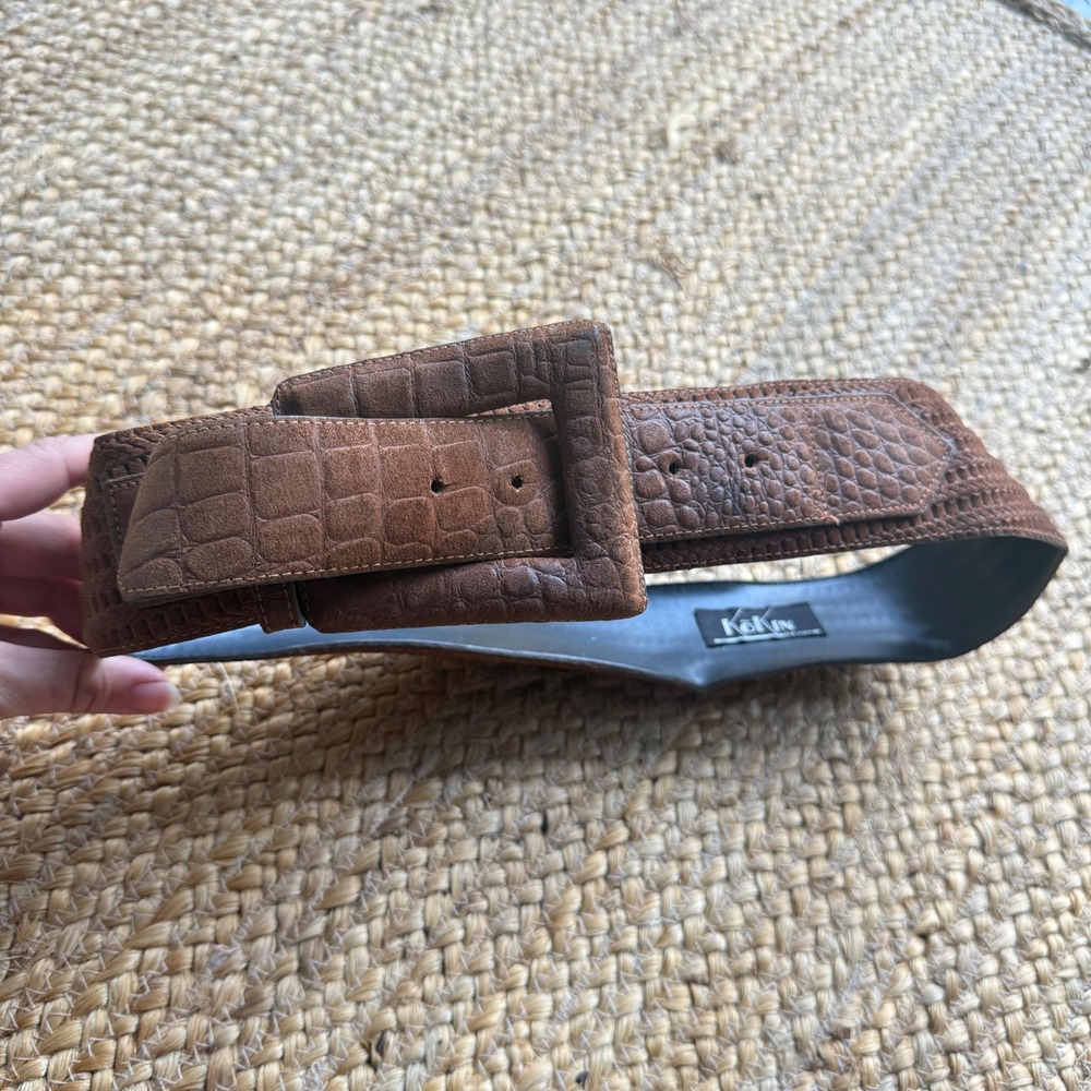 Kokin New York Vintage Brown Croc Embossed Wide Waist Belt Oversized Buckle